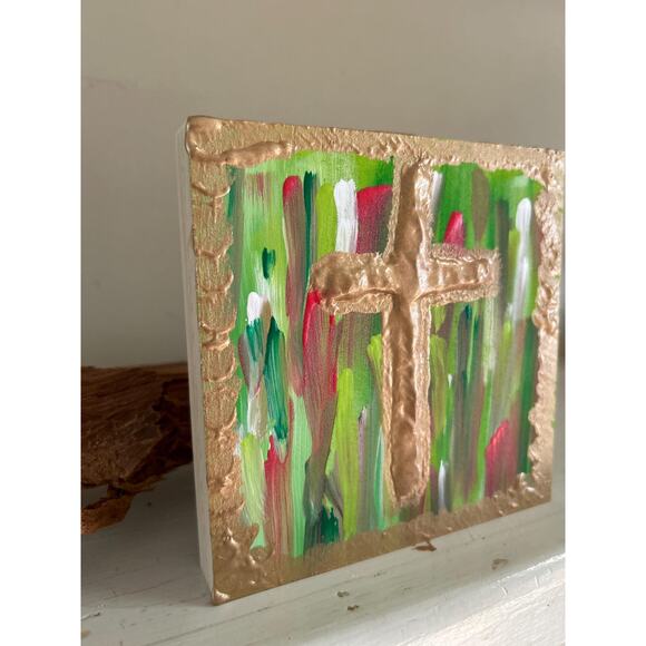 Gold Cross Wood Hand Painted Wall Art 5x5 Block Raised Cross Christmas Style - Picture 4 of 9